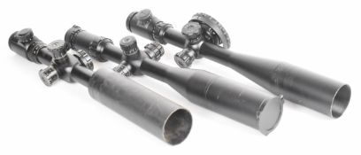 Three rifle scopes Fox 8-32x50, Hawke Sidewinder 4-15x50 SR Pro and ZOS 6-24x50 SFE.