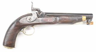 Sea Service style percussion hammer action pistol with nickel plated trigger guard, engraved butt