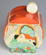 Art Deco Clarice Cliff Bizarre Bonjour preserve pot decorated in the Forest Glen pattern, with