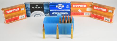 One hundred and fifteen .30-06 Springfield rifle cartridges including Norma, PPU and Federal, most