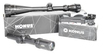 Three Konus rifle scopes and accessories comprising Konuspro 6-24x44 Zoom scope, Konus Event 1-10x24