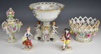 Continental flower encrusted figural basket, figural vase, Sitzendorf figures etc., tallest 26cm