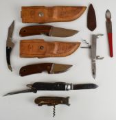 Seven various knives and multi-tools comprising Mikov with stag antler scales and 16 and 12 bore