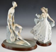 Two Lladro figures including a harlequin minstrel, both with wooden bases, tallest 37cm