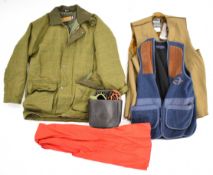 A collection of shooting related items comprising Game Technical Apparel tweed coat (M) Barbour,