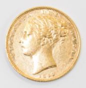 1850 Queen Victoria gold full sovereign with young head and shield reverse, F