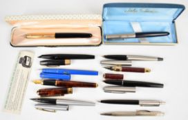 Six Parker and Sheaffer fountain pens to include 51 and white dot with 14k gold nib, silver