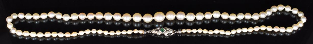 A single strand of pearls with white gold clasp set with an emerald and diamonds, 15.7g, 46cm