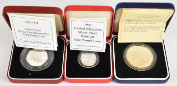 Two Royal Mint silver proof coins comprising 1994 D-Day 50p and 1994 Piedfort £1 coins, together