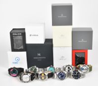 Nine various wristwatches including Diesel, Police, Lorus, RollsTini, Marlinwatch, Orient and Island