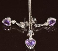 A 9ct white gold pendant set with a heart cut amethyst and diamond, with matching earrings, 3.1g