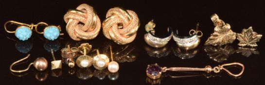 Four pairs of 9ct gold earrings, one pair set with pearls, one knots, one pair diamond, etc and