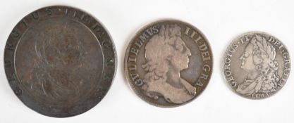 1700 William III half crown, 1745 George II shilling and a 1797 George III cartwheel twopence