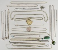 Twenty silver chains / necklaces including mother of pearl, nephrite jade, turquoise, etc, 268g