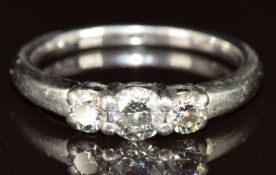 A platinum ring set with three diamonds of approximately 0.28ct, 0.17ct & 0.17ct, in original Mappin