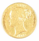 1859 Queen Victoria gold full sovereign with Ansell young head and shield reverse, VG