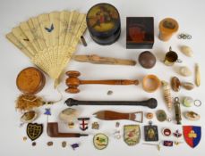 Bijouterie and collectibles including 19thC bone fan, Mauchlineware, carved agate seashells, gavel