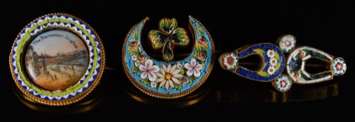 Two 19thC micro mosaic brooches, one in the form of a crescent and shamrock and the other two