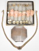 Dutch silver coin spoons, Art Deco hallmarked silver compact and a silver gilt necklace