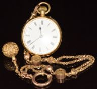 Unnamed 18ct gold keyless winding open faced pocket watch with blued hands, black Roman numerals,