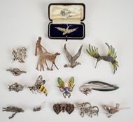 Fifteen silver brooches including marcasite, amber, enamel, paste, Edwardian in the form of two