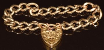 A 9ct gold curb link bracelet with (25g) 18ct gold heart padlock clasp (3g), 17.5cm