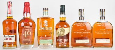 Six bottles of Tennessee and Kentucky Straight Bourbon Whiskey comprising James Cree's 40% vol, Wild