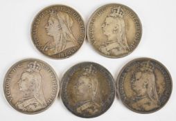 Five Victorian silver crowns comprising three 1889, 1891 and 1900, weight 139g
