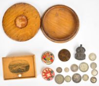 An oak circular patch box made with wood from HMS Temeraire 1859, hallmarked silver ARP badge, 14g