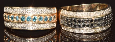 Two 9k gold rings, one set with blue diamonds and diamonds and the other black diamonds and