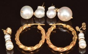 Three pairs of 9ct gold earrings, two pairs set with pearls (8.8g) and the other pair rope twist