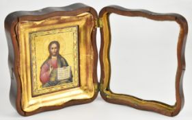 Christian Orthodox gilt icon of Christ in hinged glazed display case, the icon 13 x 10cm, case 20