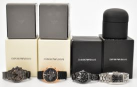 Four Emporio Armani gentleman's wristwatches including two chronograph examples, one with copper