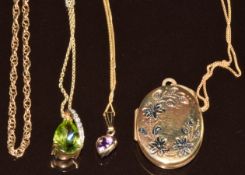 Four 9ct gold chains, 9ct gold locket, two 9ct gold pendants, one set with peridot and the other