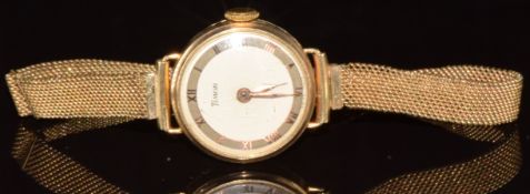 Timor 9ct gold ladies wristwatch with rose gold hands and Roman numerals, grey chapter ring, cream