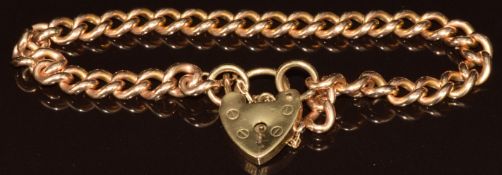 A c1900 9ct rose gold curb link bracelet with more modern heart padlock clasp, 22.6g, 19cm