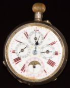 Silver keyless winding open faced triple calendar pocket watch with moonphase, blued hands, gilt