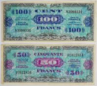 1944 dated Allied Military Issue France 50 and 100 Francs banknotes; each with a strong central fold