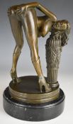 After Bruno Zach erotic bronze of a lady resting her head on a vase or pedestal, on marble or