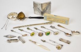 Hallmarked silver items comprising evening purse with fitted interior, length 8.5cm, Society of