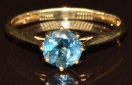 A 9k gold ring set with a round cut Ratanakiri zircon of approximately 1.4ct, 1.4g, size N
