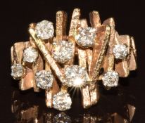 1970s 9ct gold ring set with old cut diamonds, the total diamond weight approximately 0.8ct, 7.3g,