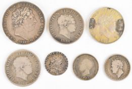 Approximately 83g of Georgian silver coinage to include 1818 crown, 1817, 1818 and 1819 half crowns,