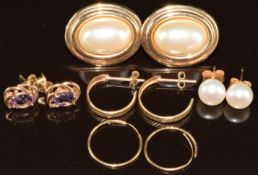 Five pairs of 9ct gold earrings including faux pearls, pearls, amethyst, etc, 5.7g