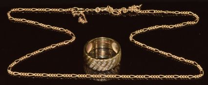 A 9ct gold ring set with diamonds (size M) and a 9ct gold chain / necklace, 6.7g, 38cm