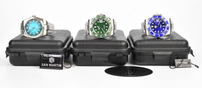 Three San Martin diver's automatic wristwatches, one 'Hulk' with date aperture, luminous hands and