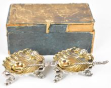 Pair Victorian hallmarked silver gilt salts and spoons, London 1876, maker Richard Hilliard,
