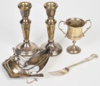 Hallmarked silver items comprising twin handled trophy cup engraved Kakadanga Cup Polo 1920, pair of