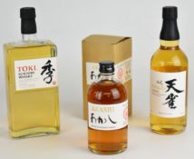 Three bottles of Japanese blended Whisky comprising Toki 43% vol 1L, Tenjaku 40% vol 70cl and Akashi