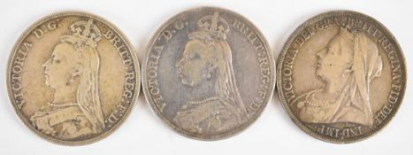 Three Victorian crowns comprising 1889, 1890 and 1898, weight 85g